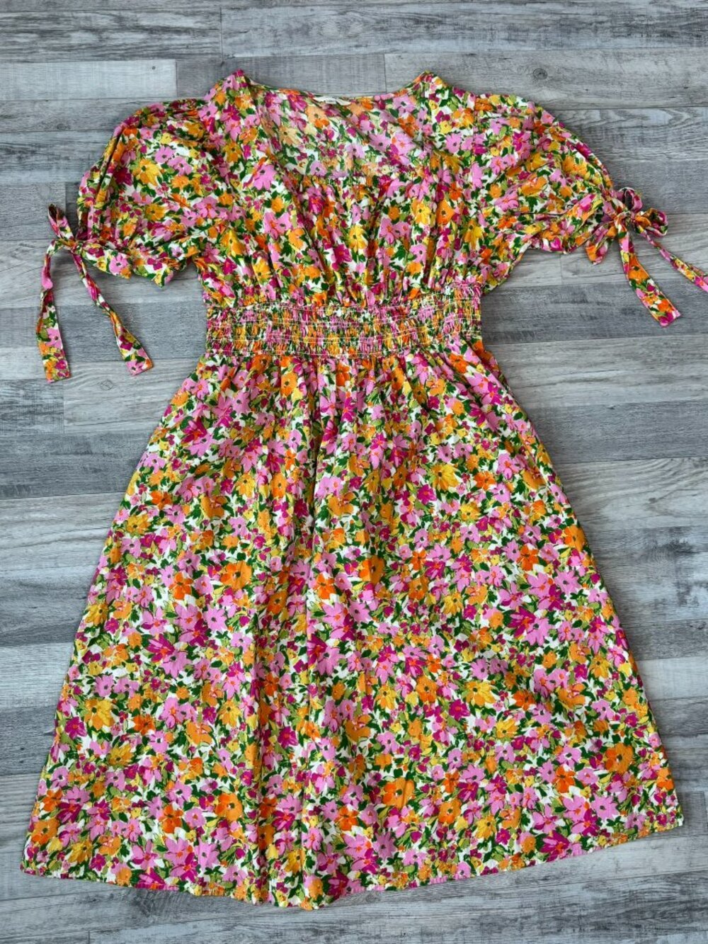 Terra & Sky floral midi dress smocked waist puff sleeve square neck size 1X P28